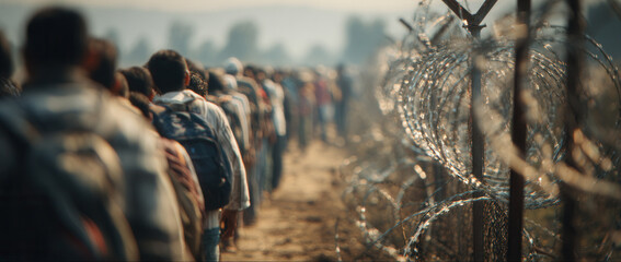Naklejka premium Crossing borders in the morning light a crowd of young men travel along path separated by barbed wire fence
