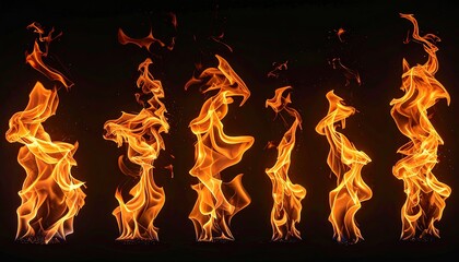Multiple flames and fire bursts of various shapes and sizes in an orange glow against a black background creating a dynamic fiery display