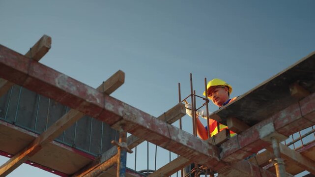 Construction workers working on scaffolding work at risky heights. Steel binding wire strengthens the structure before the columns are poured.