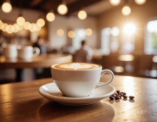 Obraz premium A close-up of a hot cappuccino and black coffee in white mugs on a table at a cafe for a morning break