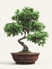 a small bonsai tree with green leaves in a brown pot
