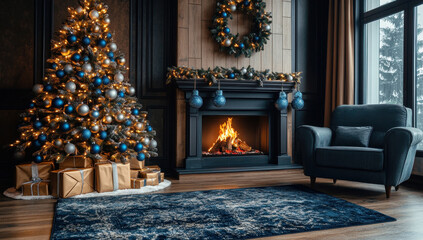 Festive christmas tree with blue and silver ornaments shines brightly in a cozy living room with a lit fireplace and comfortable armchair