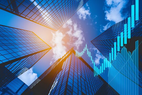 Real estate, development and investing concept with financial chart indicators and stock market graphs on city skyscrapers tops bottom view, double exposure - Powered by Adobe