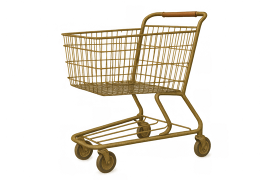 Golden shopping cart representing retail, consumerism, and luxury isolated on transparent background