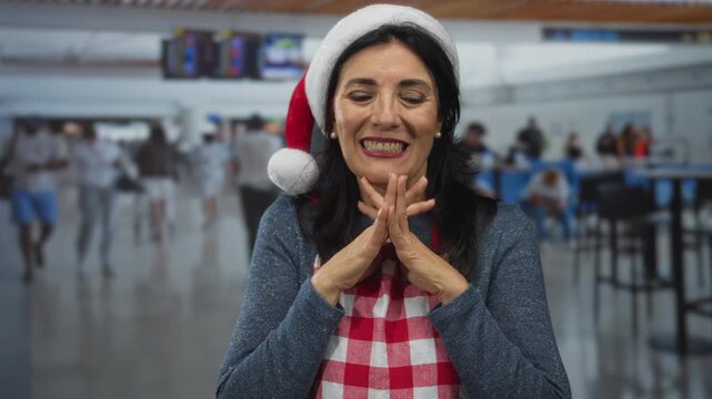 Woman wearing red and white gingham apron smiles while holding strap with hands in busy airport terminal; holiday joy.