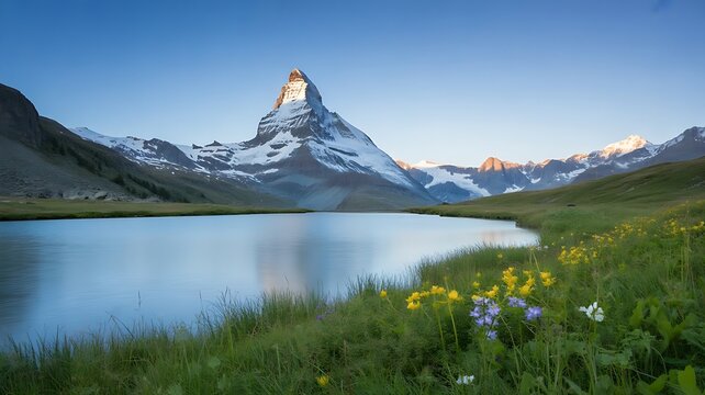 Majestic snow-capped mountain peak reflects serenely in a clear alpine lake surrounded by vibrant wildflowers and lush green meadows under a clear blue sky.