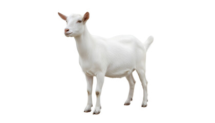 Obraz premium A pristine and elegant white domestic goat, a symbol of rural tranquility and agricultural grace, stands serenely on a clean white background, showcasing its gentle demeanor and natural beauty