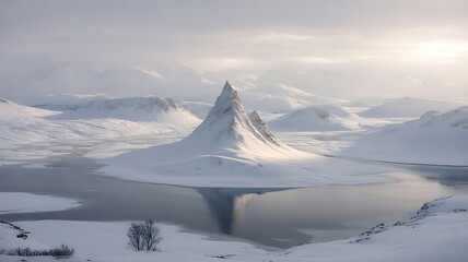 Majestic snow-capped mountain peak reflects in serene frozen lake under dramatic hazy sky, evoking awe and adventure