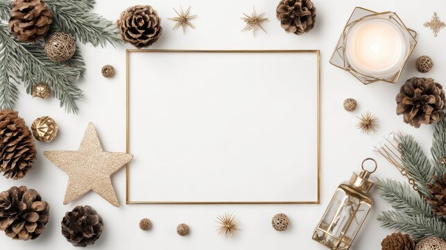 minimalist christmas poster with golden frame pinecone star garland candle lantern white background scandinavian design festive holiday decor