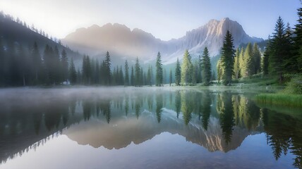 Serene mountain lake reflects misty evergreen forest and jagged peaks at sunrise, creating a tranquil, breathtaking natural panorama.