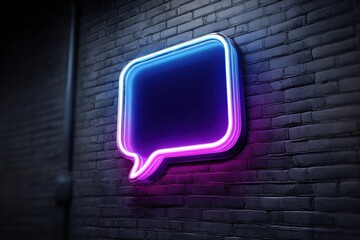 Glowing blue pink speech bubble neon sign on dark brick wall