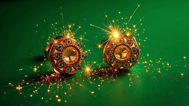 Ornate golden cufflinks sparkle with celebratory fireworks on a vibrant green background