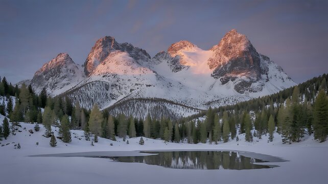 Majestic snow-capped mountains bathed in golden sunrise light reflected on a serene, partially frozen lake amidst a dense pine forest