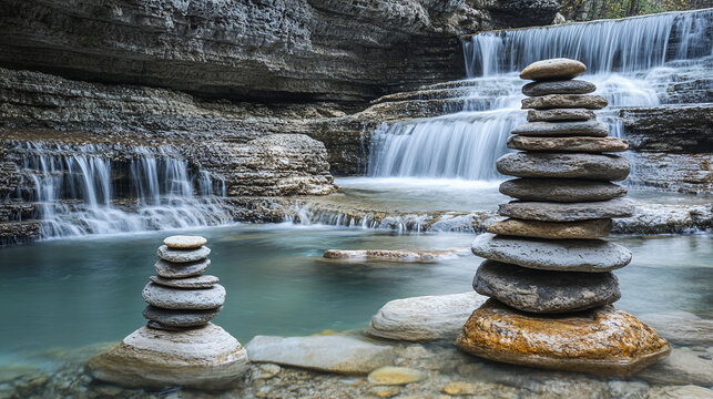 A series of stacked river stones in a cascading waterfall, each rock showing unique, smooth textures shaped by years of water erosion, with clear, flowing water.