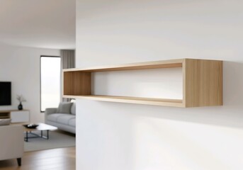Empty Wooden Floating Wall Shelf in Modern Minimalist Living Room
