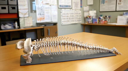 A spine model with a focus on scoliosis, with the curvature clearly visible, displayed in a well-lit medical clinic room with educational charts on the walls.