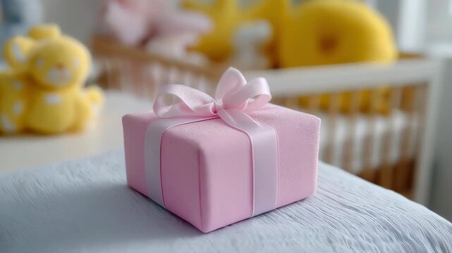 A pink gift box with satin ribbon bow present baby nursery, pastel pink soft celebration surprise cozy room with crib, tender mood and newborn joy delicate package fabric adding warmth cute soft fo