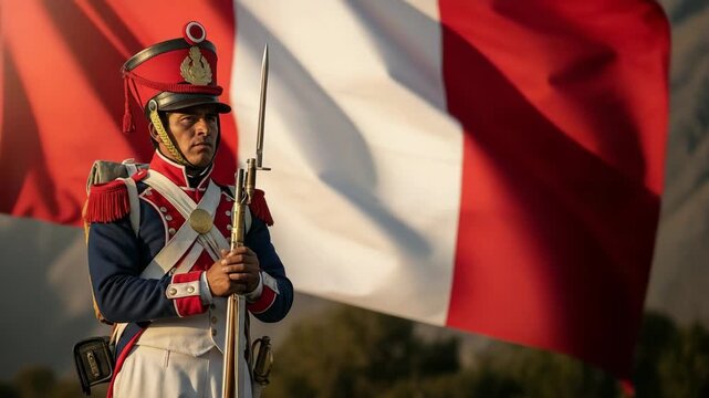 Peruvian soldier in historical uniform standing guard with rifle and bayonet against a waving national flag, representing independence and patriotism.
