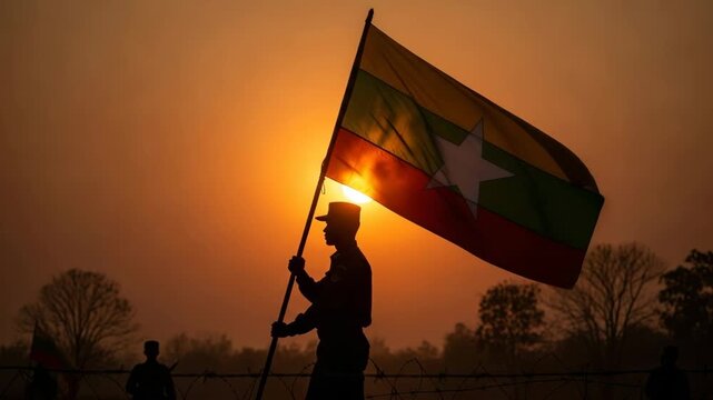 Silhouette of a soldier holding the Myanmar flag against a dramatic sunset sky, symbolizing national pride and military presence.