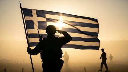 Silhouette of a soldier saluting the Greek flag at sunrise, symbolizing patriotism and military honor in a misty landscape. - Powered by Adobe