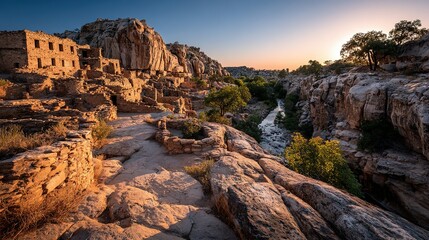 Building sits amongst rocky landscape with vegetation and a river under a blue sky.