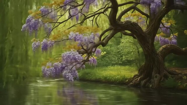 Wisteria tree by stream