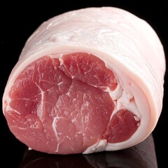 Raw pork loin, cross-sectioned, showing marbling and fat