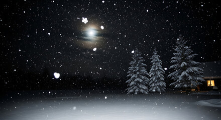 Snow falling from dark night sky. Winter weather background with snowfall and stars