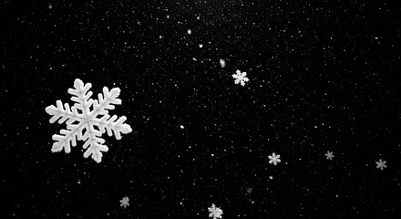 Snow falling from dark night sky. Winter weather background with snowfall and stars