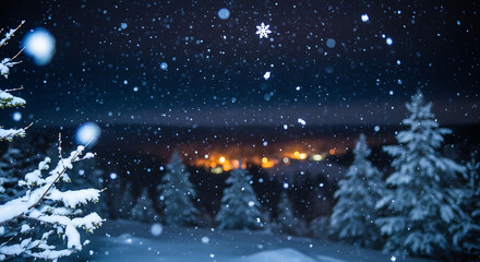 Snow falling from dark night sky. Winter weather background with snowfall and stars