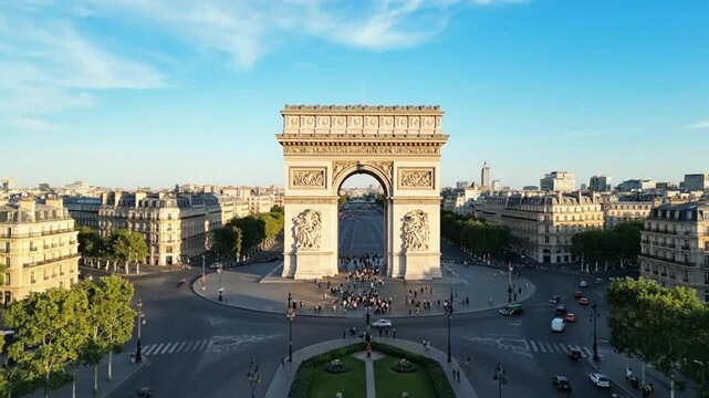 Aerial Drone View of the Arc de Triomphe in Paris France.