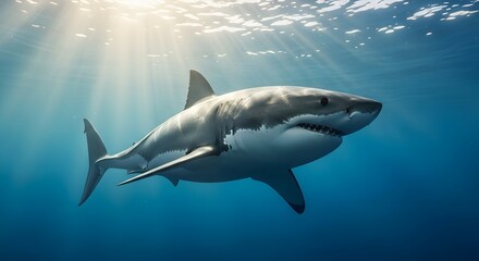 Fototapeta premium Great white shark swimming in clear blue ocean water with sun rays filtering from above, majestic predator in its natural habitat, underwater wildlife photography