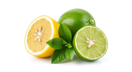 Fresh lime and lemon leaves isolated on white background. Citrus plant foliage close-up.