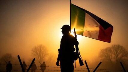 Silhouette of a soldier holding a rifle with the Italian flag waving behind him at sunrise, symbolizing patriotism and conflict. - Powered by Adobe