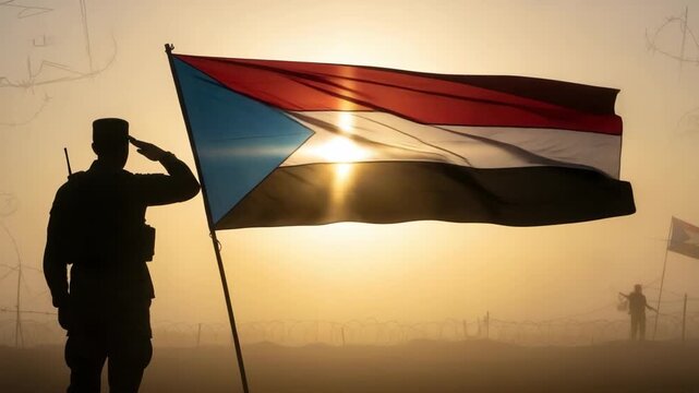 Silhouette of a soldier saluting the Sudanese flag at sunrise in a hazy, dusty military landscape with barbed wire fences