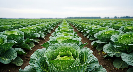 Cabbage field with green vegetable rows. Farming and agriculture landscape with crops in sunlight.
