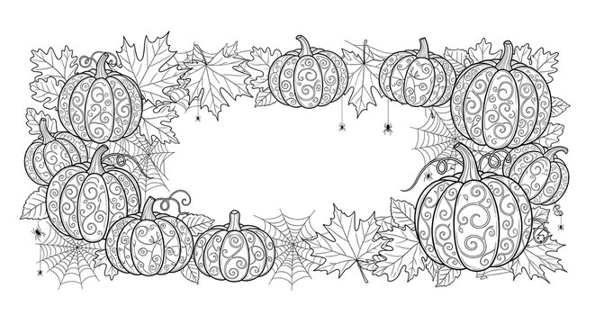 Festive autumn coloring page with patterned pumpkins, leaves, and spiderwebs - perfect for Halloween crafts and creative design projects