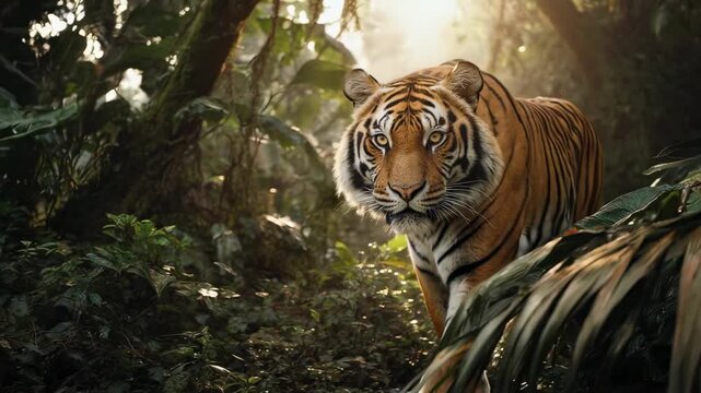 Majestic tiger emerges from lush green jungle foliage with sunlight filtering through the trees