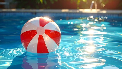 Red and white beach ball floats in a sunny pool