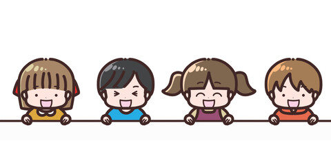 壁の上から顔を出して笑っている子供たち