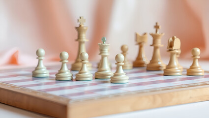 White chess pieces arranged on board