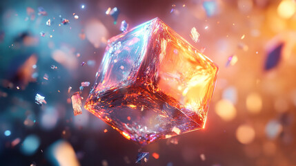 A holographic cube floats and disintegrates into glowing particles, captured in hyperrealistic detail with dynamic light and digital fragmentation effects