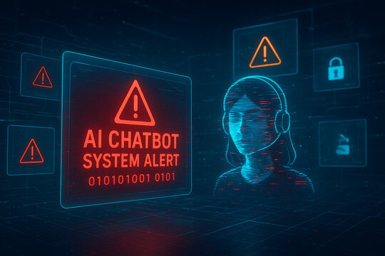 AI chatbot system alert in digital communication environment showing error, warning, and cybersecurity risk icons, highlighting potential data breach and smart automation failure in modern networks