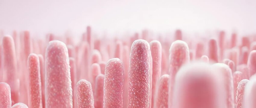 3D animation of healthy, pink intestinal villi swaying in slow motion. Medical visualization of the gut lining and digestion.