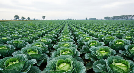 Cabbage field with green vegetable rows. Farming and agriculture landscape with crops in sunlight.