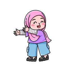 Smiling girl in hijab, arms outstretched, cartoon illustration on white.