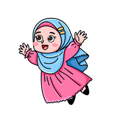 Smiling girl in hijab, arms outstretched, cartoon illustration on white.