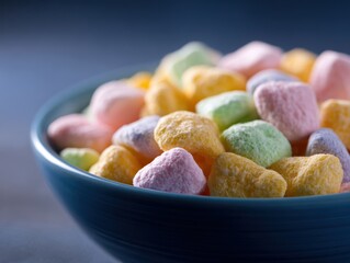 A bowl of monster cereal with colorful marshmallows, close-up shot