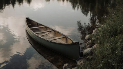 Obraz premium A canoe rests gently on a lake's edge, with reflections of the surrounding foliage in the water