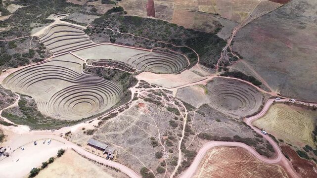 Cusco, Peru: Drone footage of the Moray, Inca Archeological site with circular terraces near Cusco in Peru. Taken with downward and orbit motion showing dramatic landscape of Sacred Valley region 